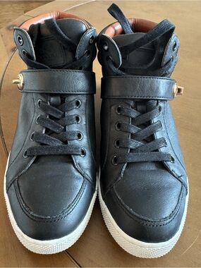 Coach Women Black High-Top Leather Sneakers with Strap Buckle